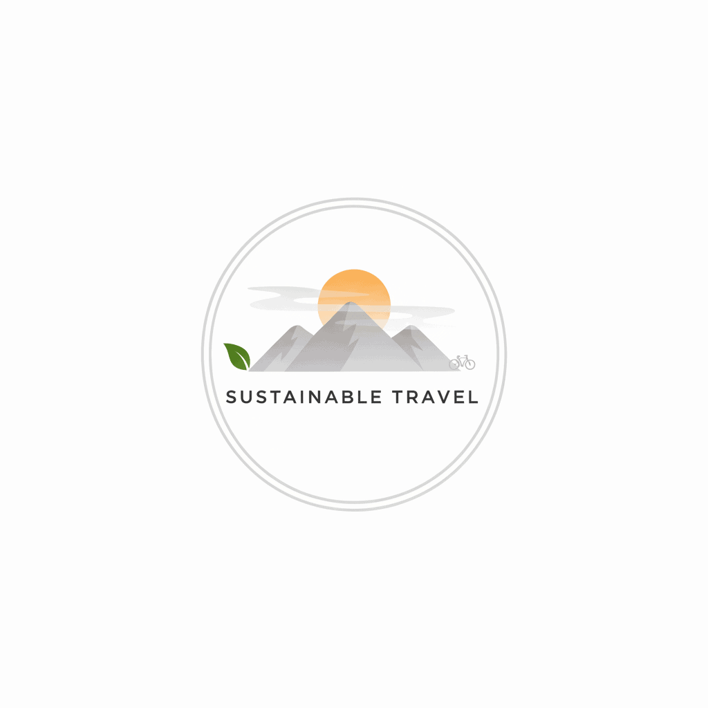 Sustainable travel logo with mountains, sun, and bicycle elements for eco-friendly adventures.